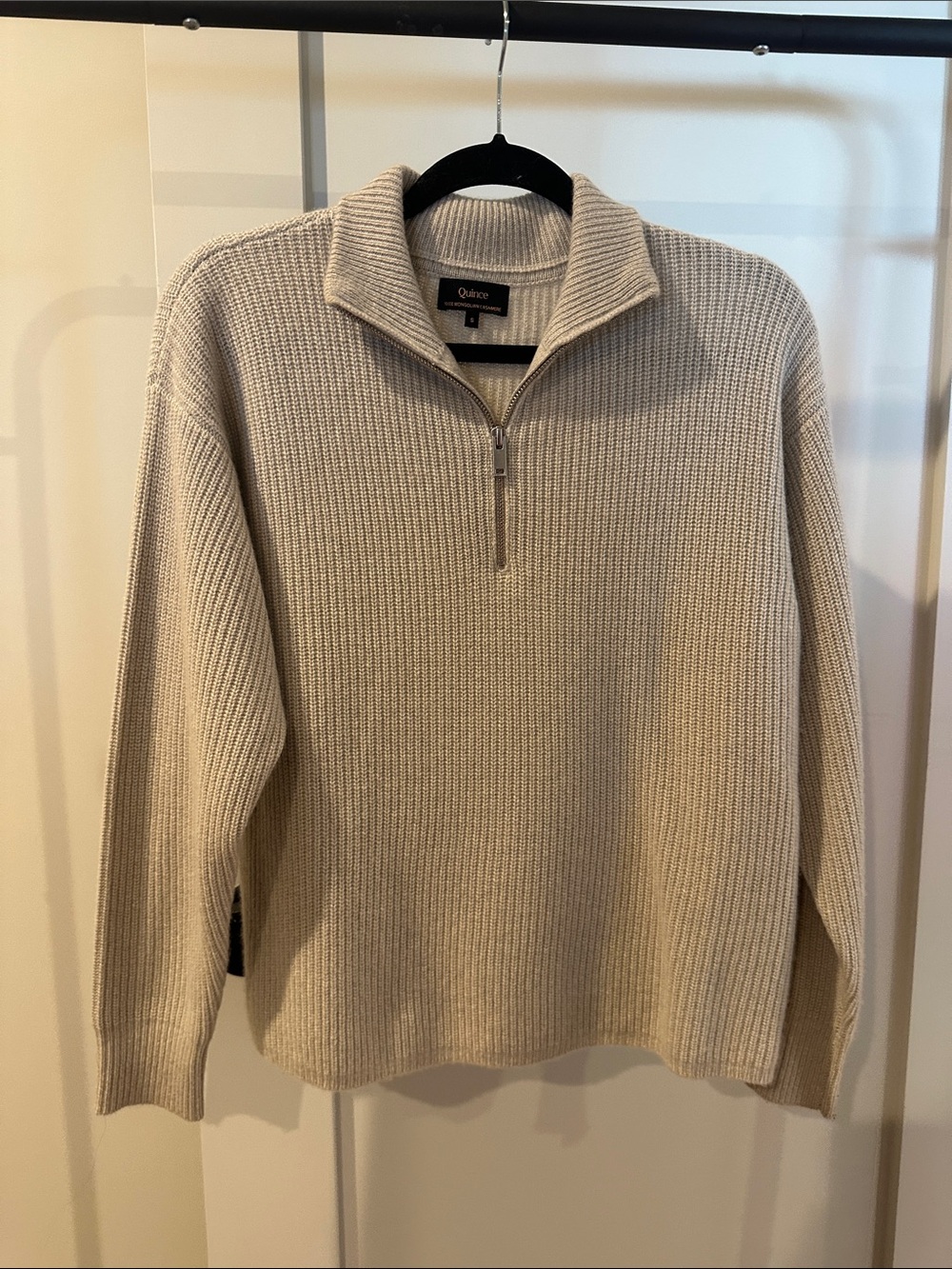Quince Women's Ribbed Zip Mock Collar Sweater in Light Beige